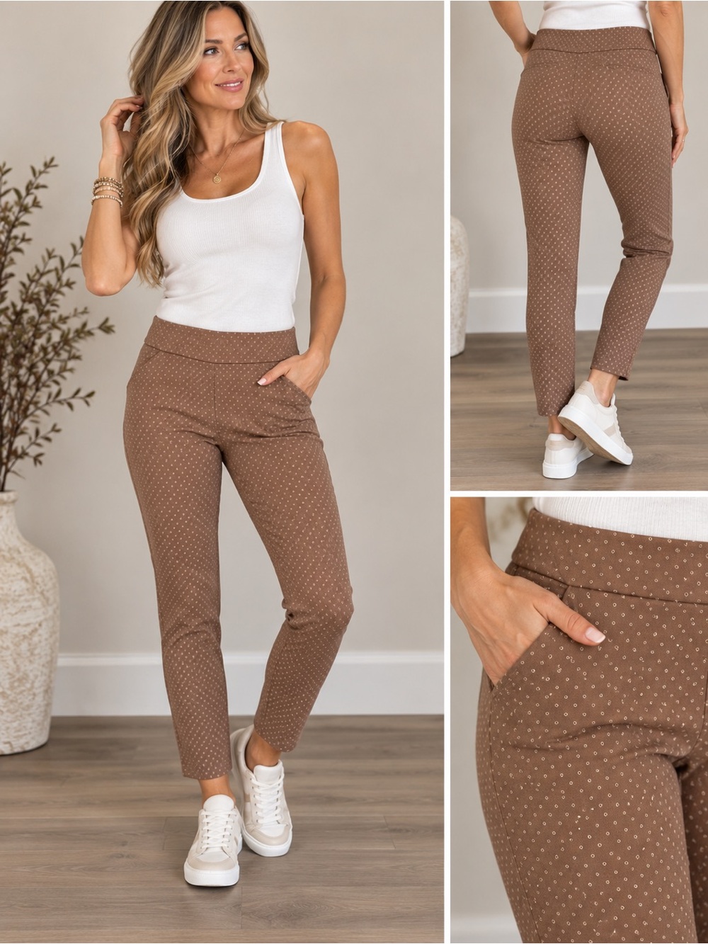 Versona Brown Ankle Pants with Micro Dot Print